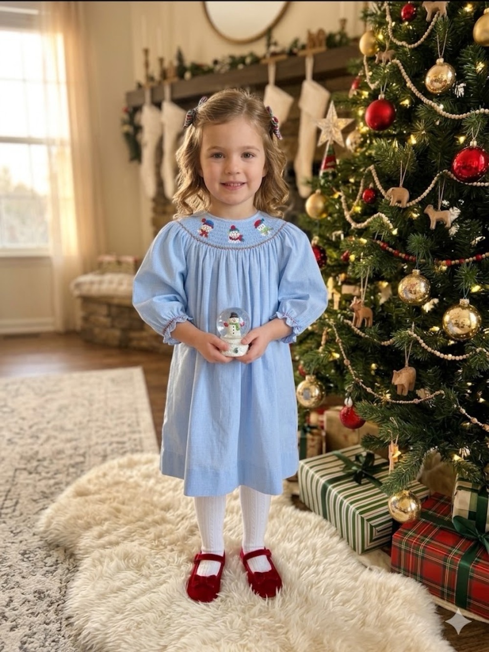 Vintage Girls Light Blue Smocked Snowman Holiday Bishop Dress Size 6